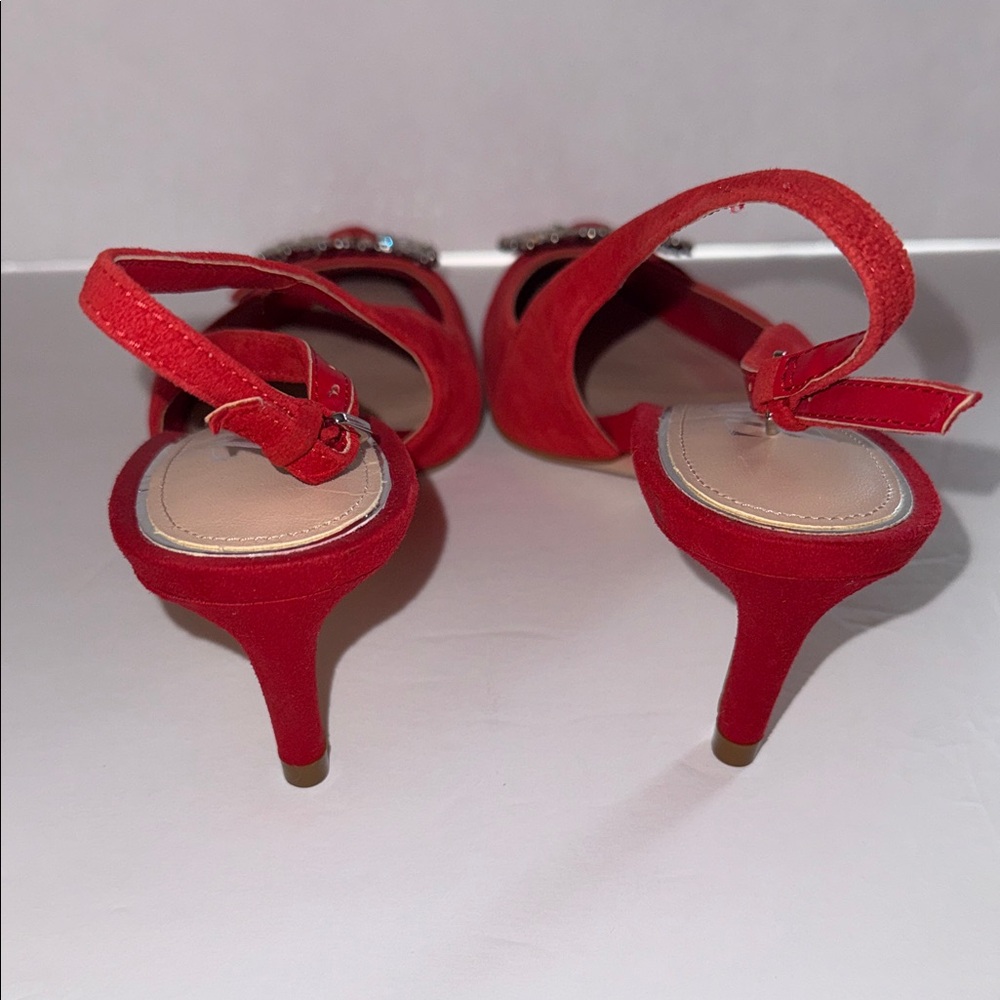 Zara Red Suede Rhinestone Brooch Pointy Toe Mid-heel Slingback Heels EU Sz 36 - Picture 6 of 8